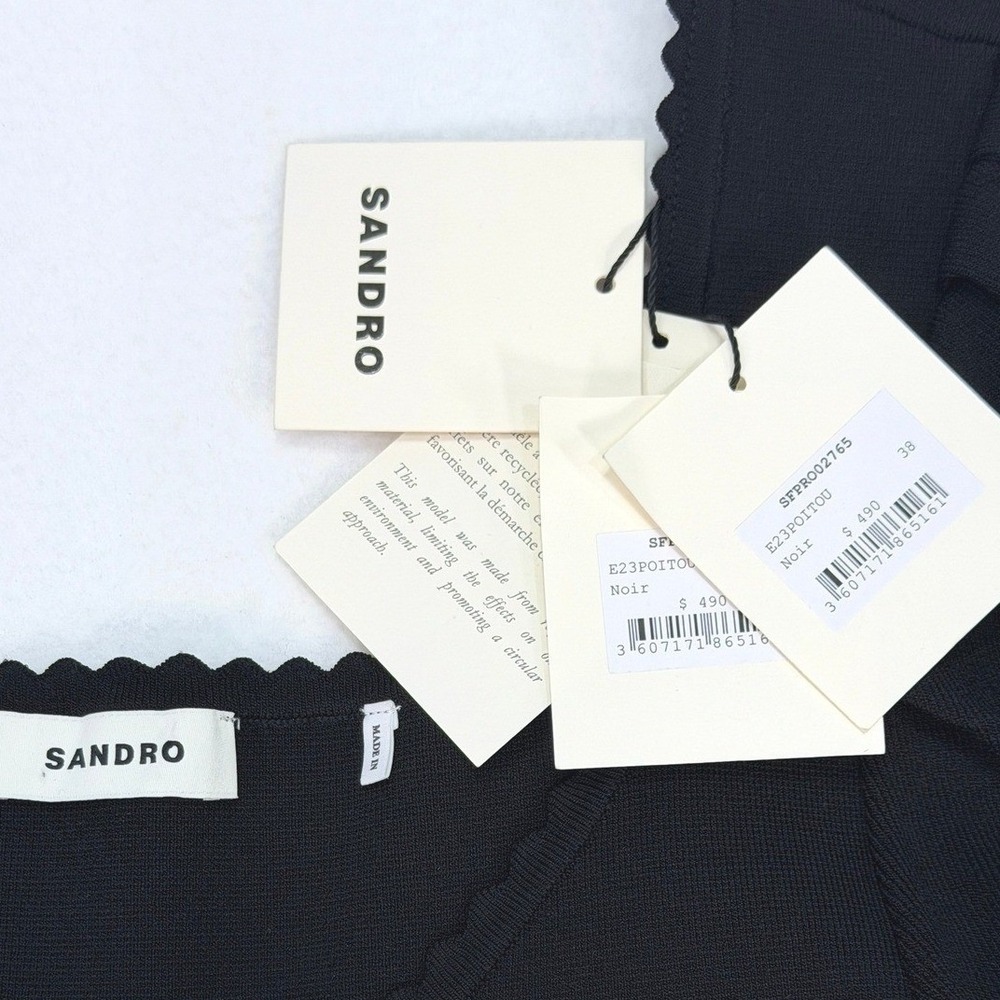 Sandro Poitou Knit Mini Dress 38 US 6 Black Ruched Puff Sleeve NWT LBD Event - Picture 2 of 10